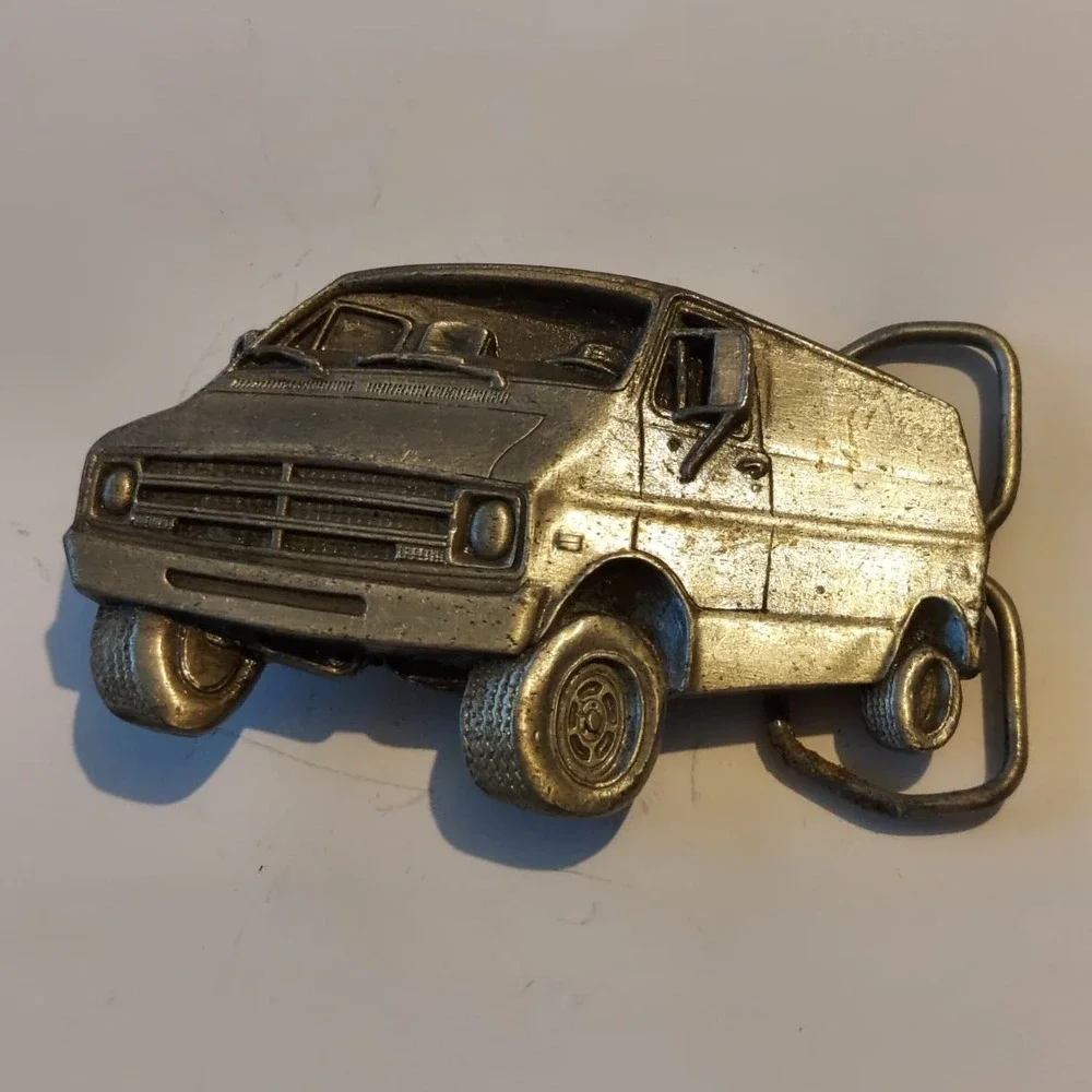 VTG 1978 Bergamot Brass Works Belt Buckle 3D Dodge Van Made in USA Silver 4x2.25